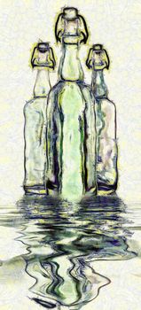 Modern art. Three glass bottles reflects in water.