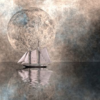 Ancient sail ship in surreal ocean. Giant moon in the sky