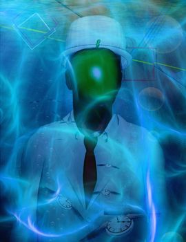 Man in white suit with face hidden by green apple