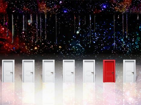 Surreal digital art. Seven white door with one red door.