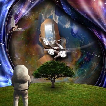 Surrealism. Flow of Time through space. Astronaut in the green field. Naked man with wings represents angels. 3D rendering.