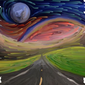 Abstract painting. Highway in green field. Full moon and rainbow in the sky.