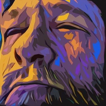 Surreal painting. Old man's face in purple colors.
