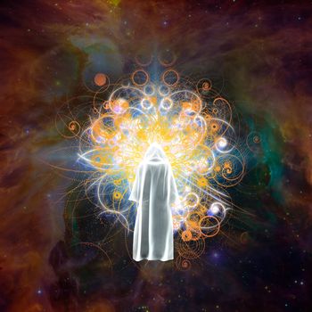 Surreal digital art. Figure in white cloak stands before bright light in colorful universe.