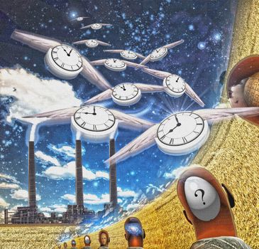 Men with various thoughts, factory at the horizon. Winged clocks represents flow of time