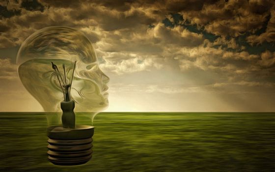 Surreal painting. Light bulb on a field.