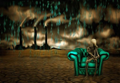 Surrealism. Alien skeleton sits in armchair in arid land. Factory at the horizon. 