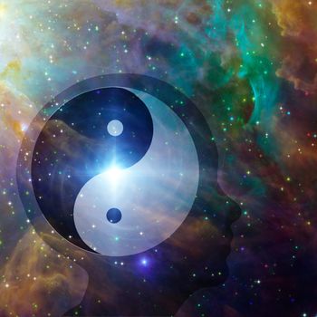 Yin Yang Sign inside Head Silhouette. Vivid space