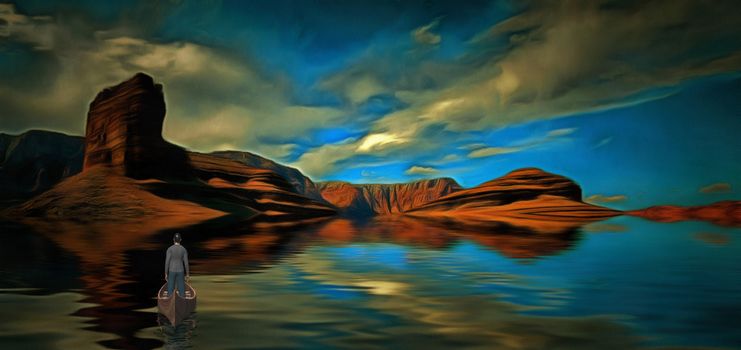 Man in boat floats to the mountain shore