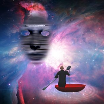 Business man in red umbrella floating in space