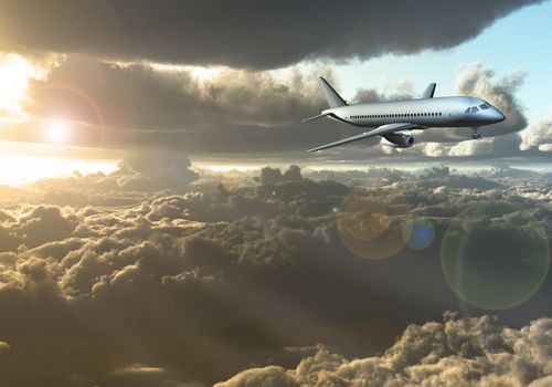 Jet Aircraft flying between clouds. 3D rendering