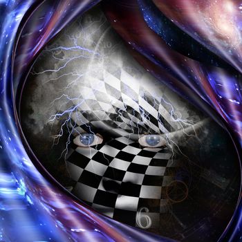 Surrealism and symbolism. Time spirals and checkered face. 3D rendering