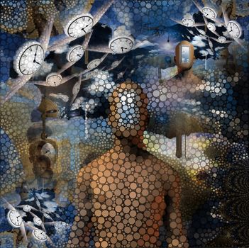 Abstract painting. Naked man with opened door to another world instead of his face. Other dimensions. Winged clocks represents flow of time