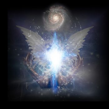 Surreal digital art. Bright star with white angel's wings. Hands of creator. Energy in shape of cross. Spiral galaxy in endless universe.