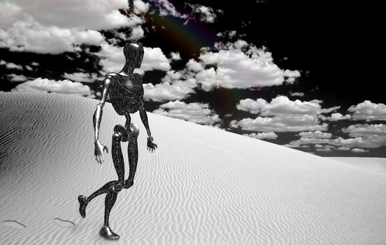 Robot in surreal white desert. 3D rendering