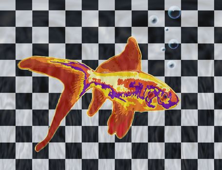 Surrealism. Golden fish in checkered space