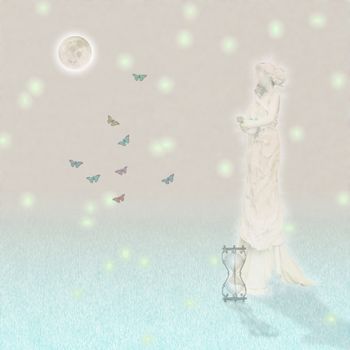Woman`s marble statue and butterflies. Glowing moon and hourglass.