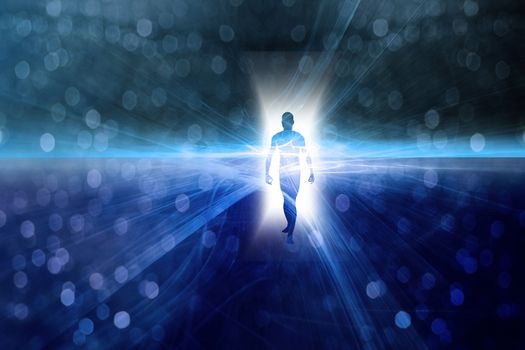 Man's figure emerges from light. Bokeh