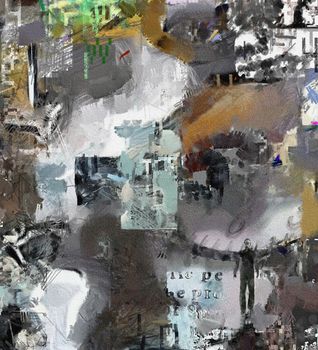 Complex abstract painting. Text, brush strokes, men's silhouette and clock face.
