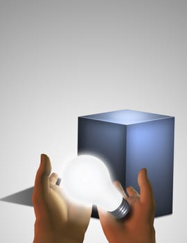 Gray pedestal and glowing light bulb in human hands