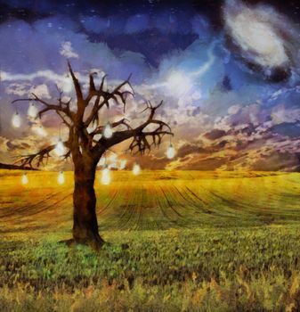 Surreal digital art. Old tree with light bulbs stands in green field. Bright star and galaxy in the sky. Light bulbs symbolizes ideas.