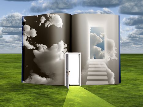Surrealism. Book with opened door and clouds.