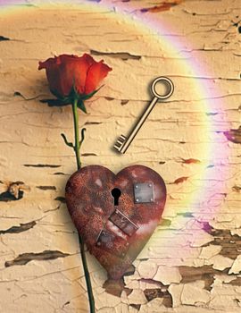 Surrealism. Red rose and rusted heart with metal patches and keyhole. Golden key.