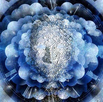 Surrealism. Human mask made of cubes. Multi layered spaces.