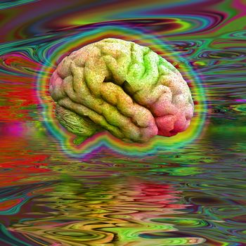 Psychedelic brain hovers over water surface
