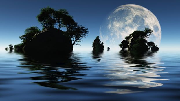 Small islands with green trees. Big moon rising. 3D rendering