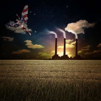 Surrealism. Naked man with wings in US national colors flies above field of wheat. Factory at the horizon.