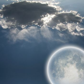 Sunbeams through clouds and bright moon. 3D rendering. Some elements credit NASA.
