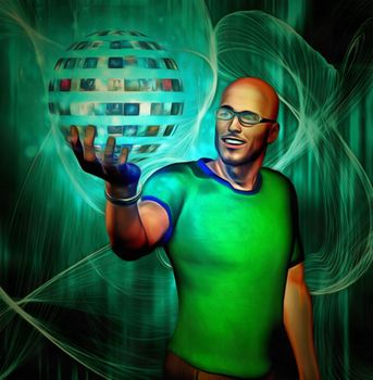 Man holds sphere of screens.