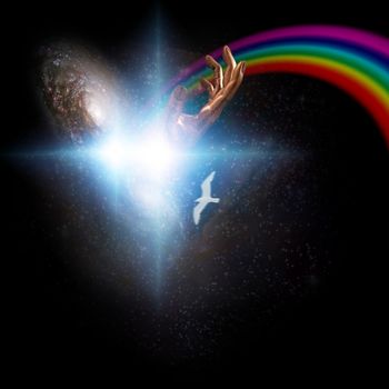 Surreal digital art. Galaxy with rainbow. God's hand and bird's silhouette.