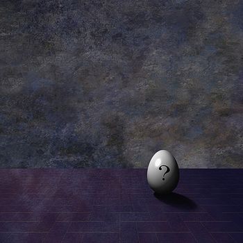 Surreal scene. Egg with question mark. 3D rendering.