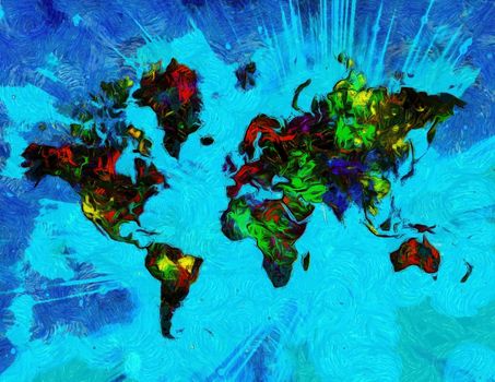 Abstract painting. Colorful world map. Rays of light on a background.