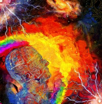 Surreal painting. Transparent head with electric circuit pattern.  Colorful universe with rainbow and lightnings.