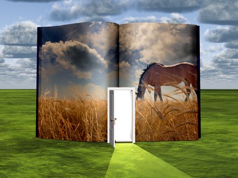 Surrealism. Book with opened door and horse in the field of wheat.
