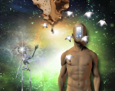 Naked man open door in face, winged light bulbs, warped time drips, gleaming robot, large flame, watchful eye and further still is deep space Some elements provided courtesy of NASA