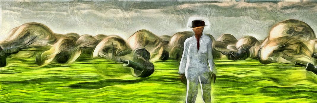 Surreal painting. Man in white suit stands in field with giant light bulbs.