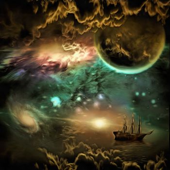 Surreal painting. Sailing ship in vivid universe.