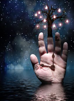 Surreal composition. Hands of Time Tree of Light