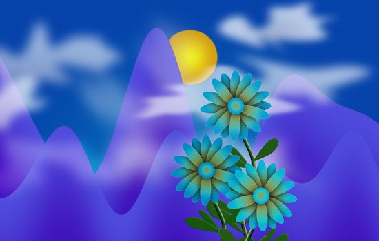 Cartoonish illustration. Daisies and Sun in cloudy sky, purple mountains