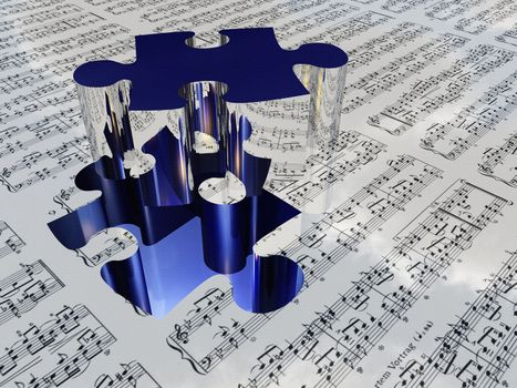 Puzzle and sheet music reflecting clouds. Sheet music is proviede with 3D software used to create this image and no realese is needed