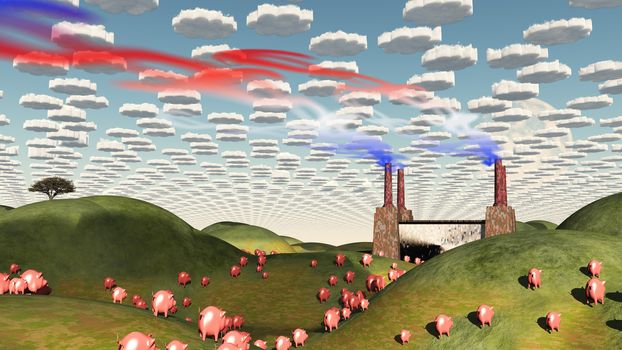 Surreal landscape with factory and pigs moviong toward factory