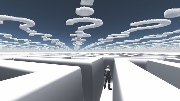 Man in maze with question mark shaped clouds