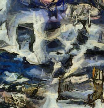 Complex abstract painting. Open door to another world. Hourglass. Bed and violin.