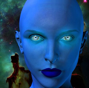 The face of female alien. Colorful universe on a background.