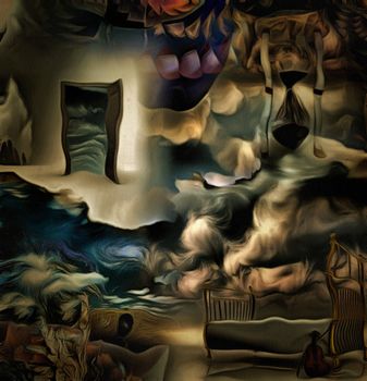 Complex abstract painting. Open door to another world. Hourglass. Bed and violin.