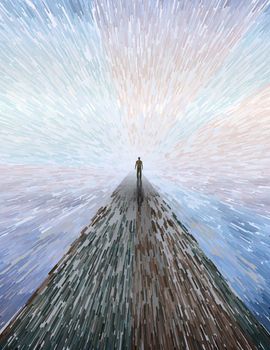 Surreal composition. Man on stone road to another world.